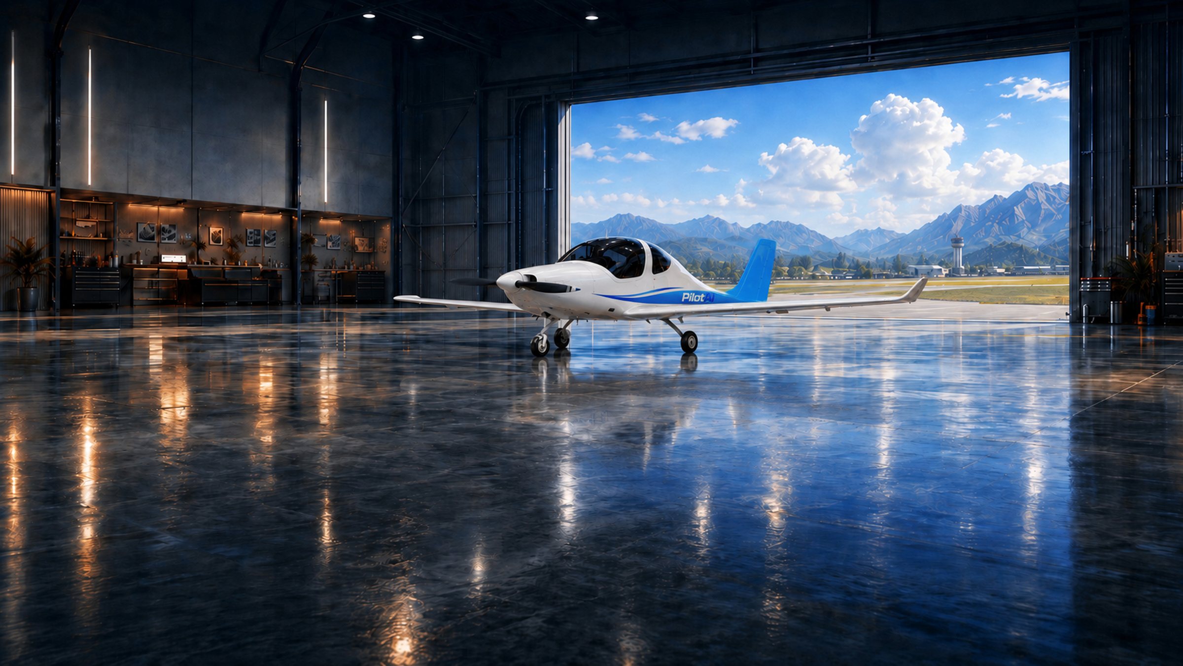 A single-engine trainer in a hangar, doors open to a mountain airfield